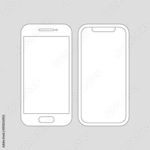 A detailed line drawing of two blank smartphone templates on a gray background