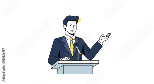 Man in Suit Speaking at Podium with Microphone.