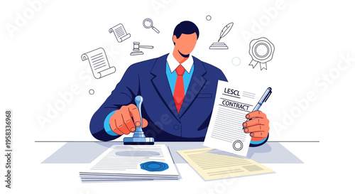 Man in Suit Stamping Official Document with Legal Contract.