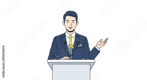Man in Suit Speaking at Podium with Microphone.