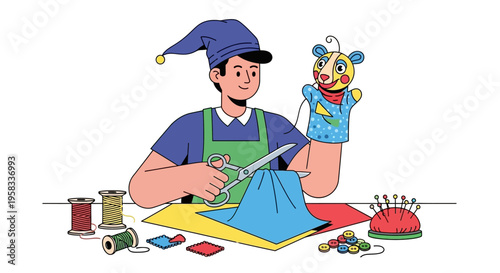 Man crafting a puppet with scissors and fabric.
