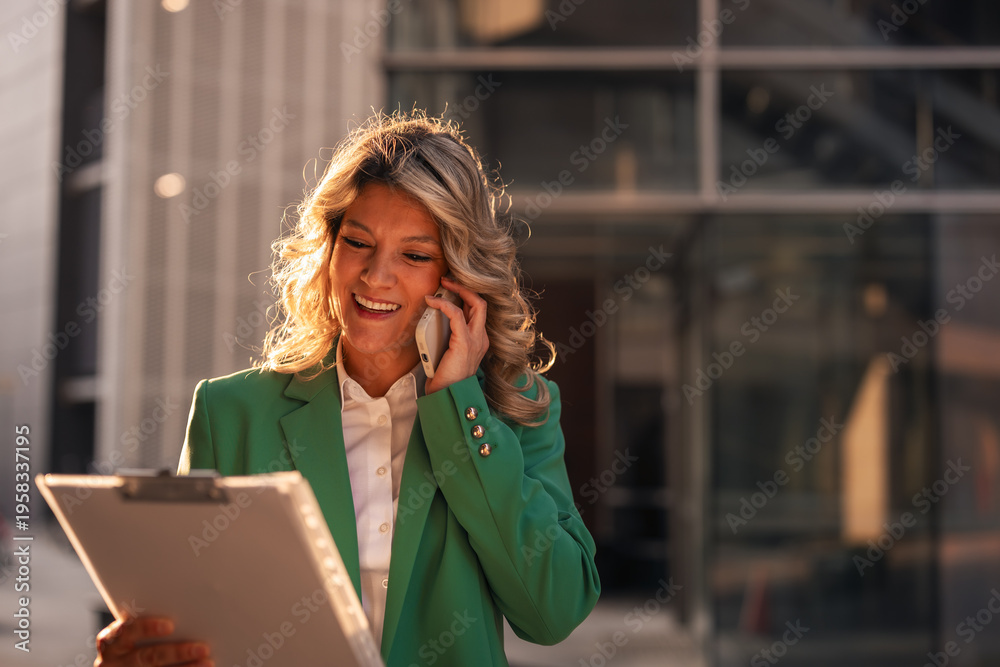 Fototapeta premium Business woman making phone call holding clipboard