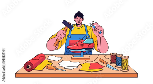 Man crafting a shoe with tools and materials.