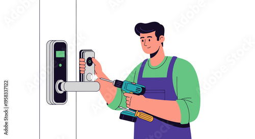 Man Installing Smart Lock on Door with Drill.