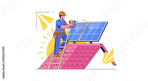 Man installing solar panels on rooftop with tools and sun.