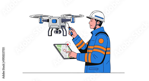 Man in Hard Hat and Safety Vest Operating Drone with Tablet.