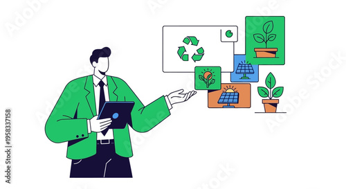 Man in green jacket presenting eco-friendly concepts with tablet.