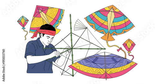 Man crafting colorful kites with intricate designs.