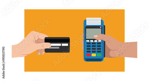 A hand holds a black credit card while another hand operates a blue POS terminal against an orange background.