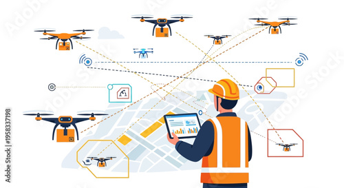 Man in hard hat and vest controlling drones with tablet.