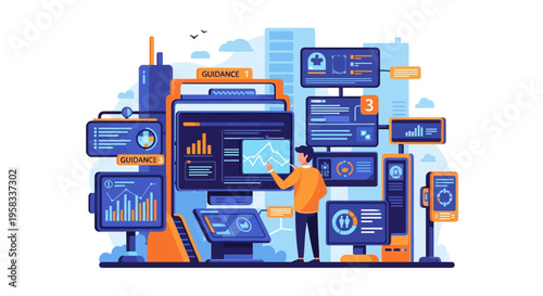Man Interacting with Futuristic Data Visualization Screens.