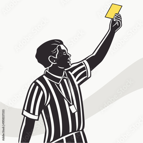 Soccer referee holding up a yellow card for a foul or warning, black and white vector illustration