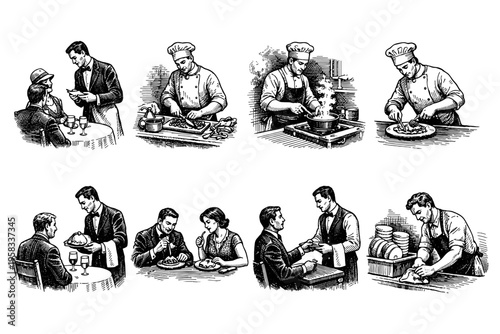 Vintage restaurant scenes: chefs cooking and waiters serving customers at tables