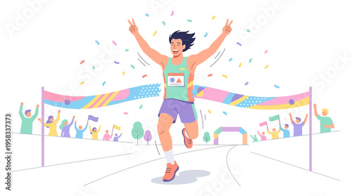 Man crossing finish line celebrating victory.