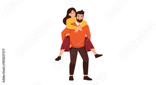 A smiling woman gives a piggyback ride to a bearded man, both wearing sweaters, against a plain beige background.