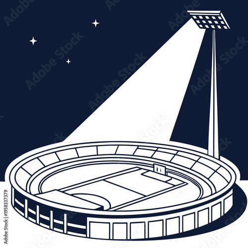 Monochromatic vector illustration of an empty sports stadium at night with a bright spotlight