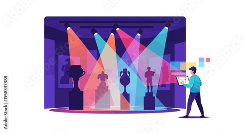 Man Interacting with Holographic Display of Sculptures.