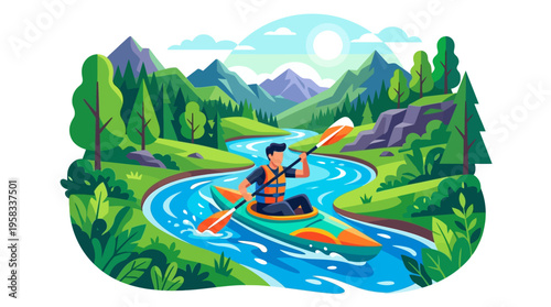 Man kayaking down a winding river in a vibrant natural landscape.