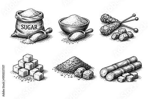 Vintage engraved sugar collection in black and white sweet ingredient illustration style