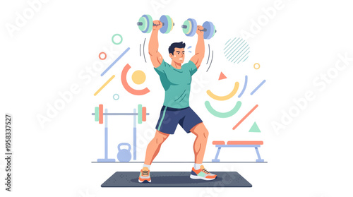 Man lifting dumbbells in gym workout.