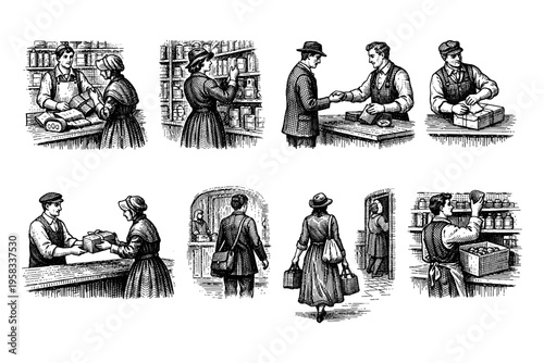 Vintage scenes of people shopping and working in a general store