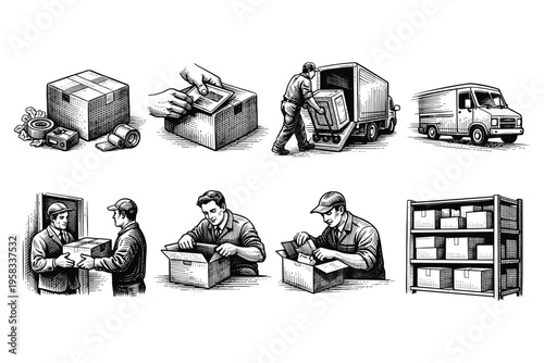 Logistics and delivery services illustrated with vintage line art style