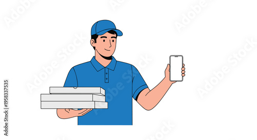 A smiling male pizza delivery person in a blue uniform holds stacked pizza boxes and presents a smartphone on a white background.