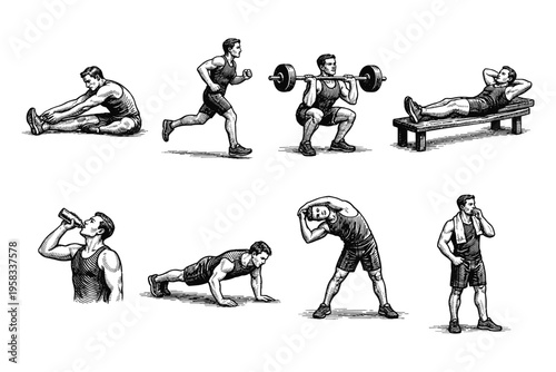 Collection of men performing various fitness exercises and activities in a vintage illustration style