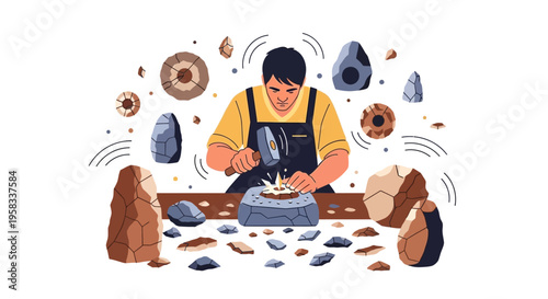 Man meticulously crafting intricate stone sculptures with tools.