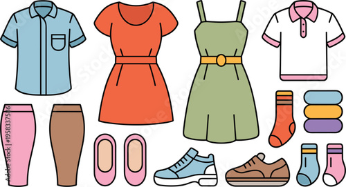 Casual summer clothing vector icons set, featuring colorful dresses, shirts, shoes and seasonal fashion accessories