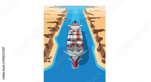 A large cargo ship with red and blue accents is navigating through a narrow blue canal flanked by sandy desert terrain.