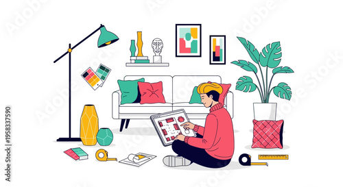 Man designing interior with mood board and swatches.