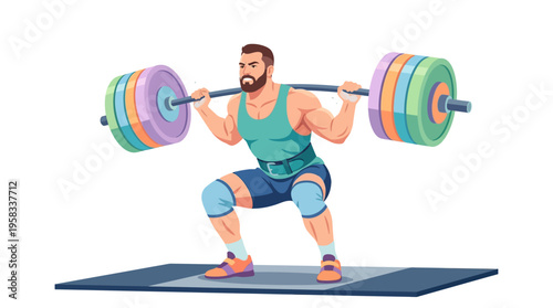 Man Performing Barbell Squat Exercise with Heavy Weights.