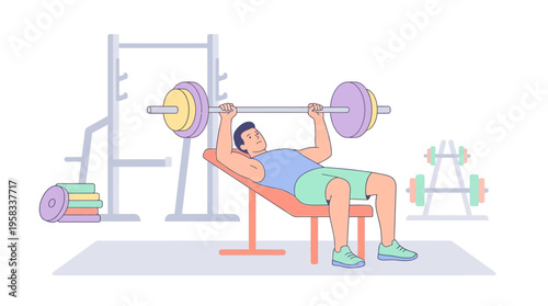 Man performing bench press exercise with barbell in gym.