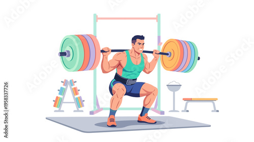 Man performing a heavy barbell squat in a gym setting.