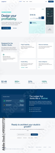 The visual mood is clinical, sophisticated, and highly structured, utilizing a crisp 'corporate blue' and white color palette that evokes trust and technical reliability. The layout is a masterclass 