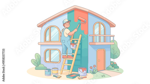 Man painting a house exterior with vibrant colors.