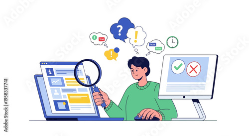 Man Examining Data on Laptop with Magnifying Glass and Computer Screen.