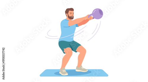 Man performing kettlebell swing exercise on yoga mat.
