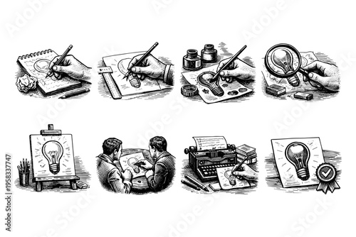 Illustrations depicting the creative process of developing new ideas and innovations