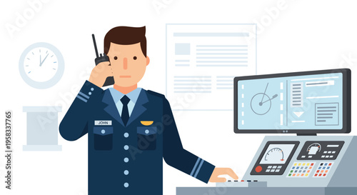 A male operator in uniform talks into a walkie-talkie while working at a control panel with screens and gauges.