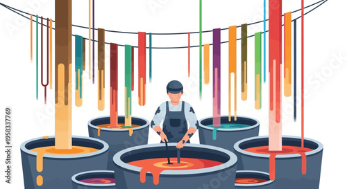 Man mixing colorful paint in large vats.
