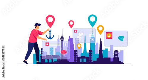 Man placing anchor icon on city skyline map.