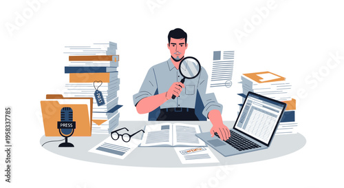 Man Examining Documents with Magnifying Glass and Laptop.