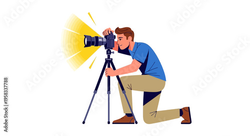 Man Photographer Capturing Image with Professional Camera on Tripod.