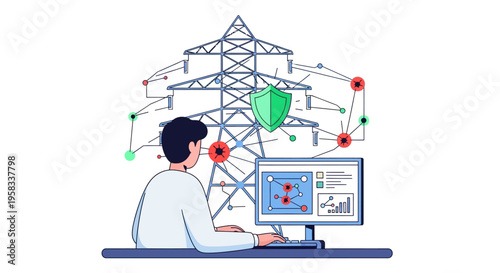 Man monitoring electrical grid system on computer screen.