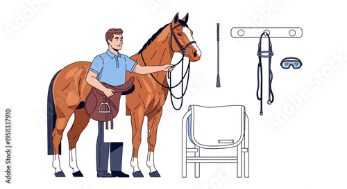 Man preparing horse for riding with saddle and tack.