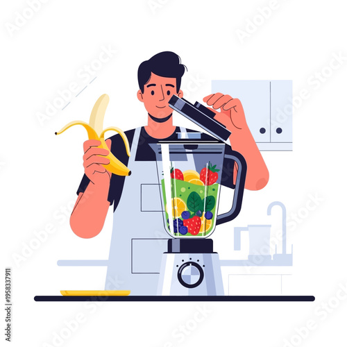 Man preparing healthy fruit smoothie in kitchen blender.