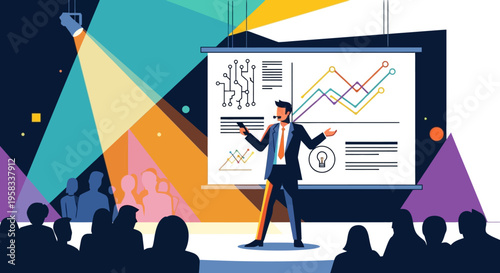 Man presenting business data on a large screen.