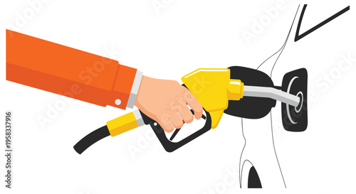 A person's hand in an orange sleeve holds a yellow fuel pump nozzle, inserting it into a white car's gas tank.